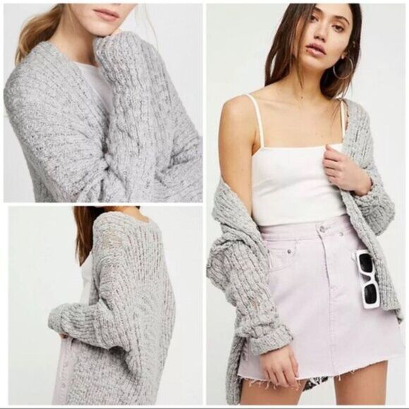 Free People Sweater Sz Small Textured Knit Cardigan Gray Fun Times Granny Core - Picture 1 of 6